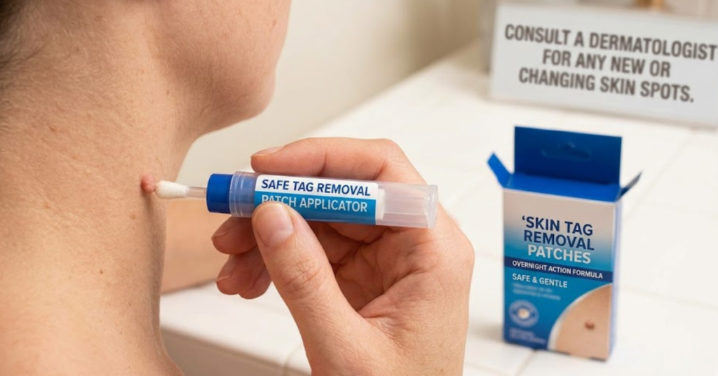 Create an image"How to Remove Skin Tags in One Night Safely"